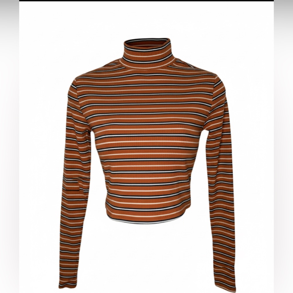 Arizona Jean Co Orange Ribbed Striped Crop Mock Turtleneck Sweater Size Small - Picture 1 of 9